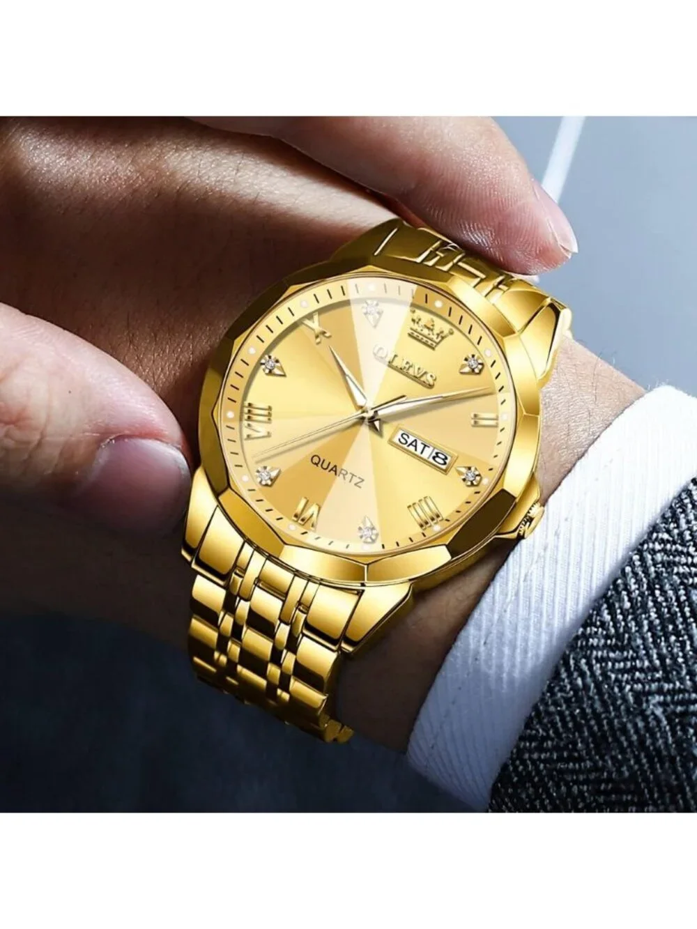 Men's Gold Diamond Stainless Steel Band Waterproof Roman Numbers Classic Watch